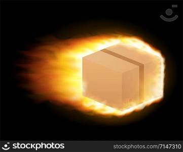 Cardboard box with cargo is flying on fire. Global mail delivery. Vector stock illustration. Cardboard box with cargo is flying on fire. Global mail delivery. Vector stock illustration.