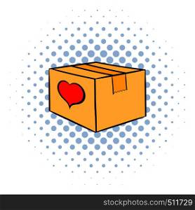 Cardboard box with heart icon in comics style on a white background. Cardboard box with heart icon, comics style