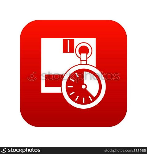 Cardboard box with stopwatch icon digital red for any design isolated on white vector illustration. Cardboard box with stopwatch icon digital red