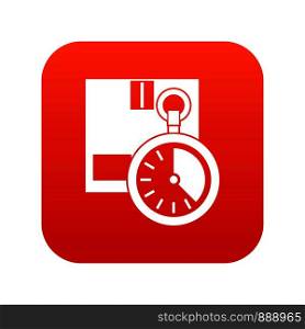 Cardboard box with stopwatch icon digital red for any design isolated on white vector illustration. Cardboard box with stopwatch icon digital red