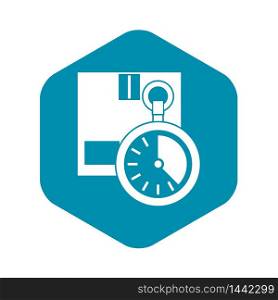 Cardboard box with stopwatch icon. Simple illustration of box with stopwatch vector icon for web. Cardboard box with stopwatch icon, simple style