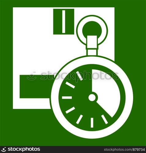 Cardboard box with stopwatch icon white isolated on green background. Vector illustration. Cardboard box with stopwatch icon green