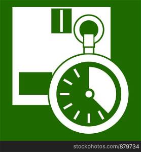 Cardboard box with stopwatch icon white isolated on green background. Vector illustration. Cardboard box with stopwatch icon green