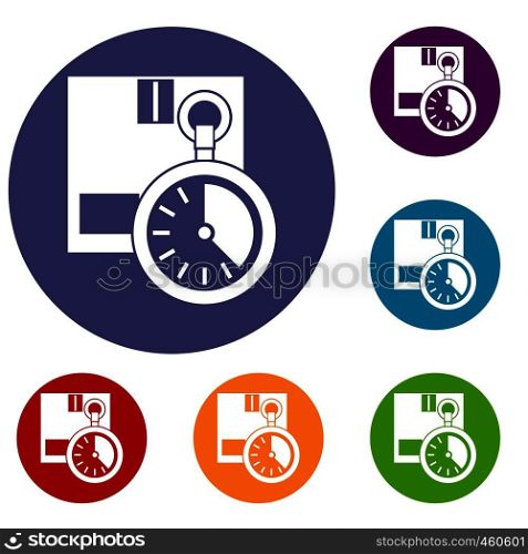 Cardboard box with stopwatch icons set in flat circle reb, blue and green color for web. Cardboard box with stopwatch icons set