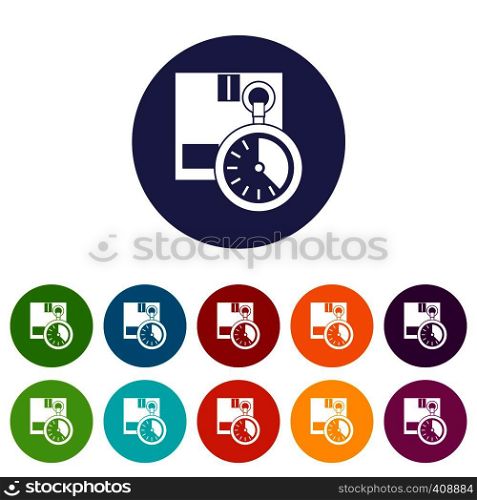 Cardboard box with stopwatch set icons in different colors isolated on white background. Cardboard box with stopwatch set icons