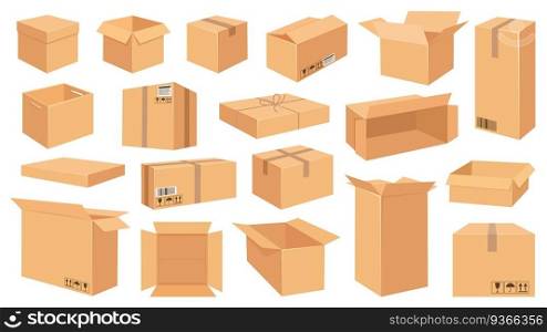 Cardboard boxes. Cartoon brown carton package. Open and closed delivery rectangle box with fragile signs. Vector shipping and packing set. Cardboard box, cube cartboard storage for distribution. Cardboard boxes. Cartoon brown carton package. Open and closed delivery rectangle box with fragile signs. Vector shipping and packing set