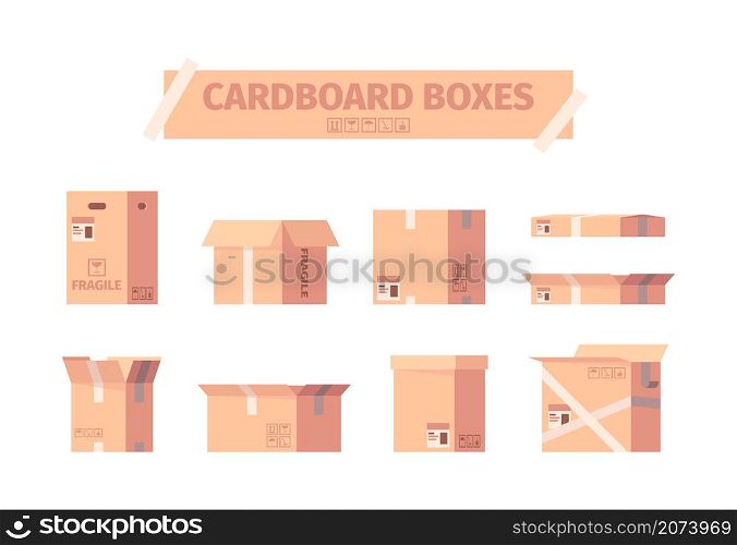 Cardboard boxes. Delivery packages shipping container symbols garish vector illustrations collection. Container and shipping box, cardboard delivery storage. Cardboard boxes. Delivery packages shipping container symbols garish vector illustrations collection