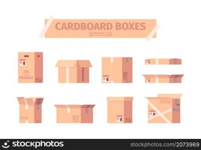 Cardboard boxes. Delivery packages shipping container symbols garish vector illustrations collection. Container and shipping box, cardboard delivery storage. Cardboard boxes. Delivery packages shipping container symbols garish vector illustrations collection