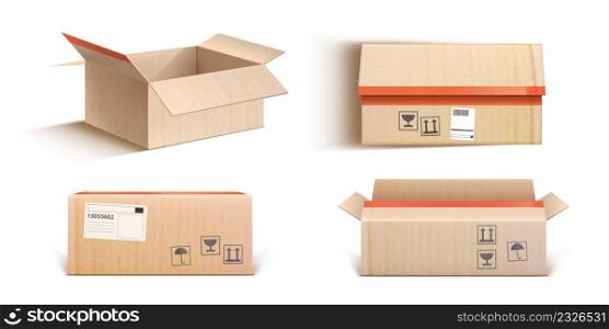 Cardboard boxes for package parcel, delivery and shipping cargo. Vector realistic mockup of open and closed brown carton crate with stickers, fragile label and tape in top and side view. Cardboard boxes for package parcel and delivery