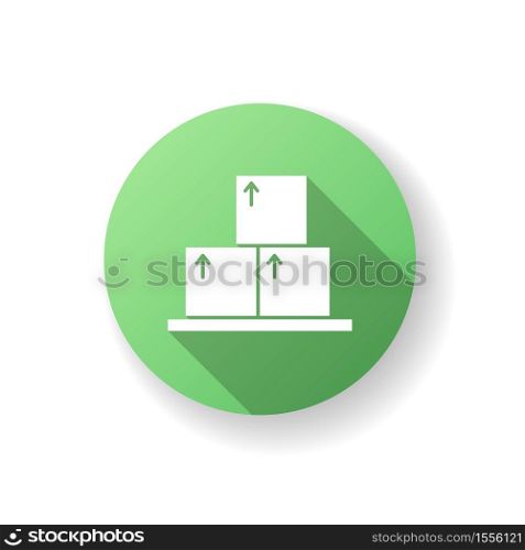 Cardboard boxes green flat design long shadow glyph icon. Logistic service. Post office. Parcel for delivery. Crate storage. Fragile goods transportation. Silhouette RGB color illustration. Cardboard boxes green flat design long shadow glyph icon