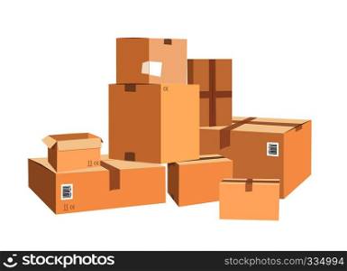 Cardboard boxes in different sizes. Packages isolated on white. Box package carton, container object for delivery and distribution illustration. Cardboard boxes in different sizes. Packages isolated on white