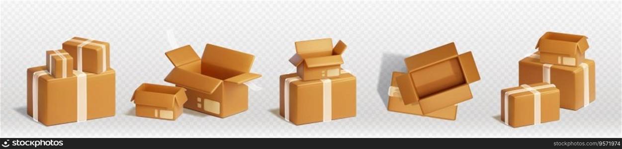 Cardboard boxes in piles for delivery and storage of goods. 3d render vector illustration set of brown carton closed and open parcels in stacks. Heaps of packages for distribution and shipping concept. Cardboard boxes in piles for delivery and storage