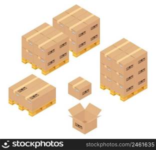 Cardboard boxes in warehouse. Storage, delivery and logistics services.  Transportation and warehouse, container and pallet, conveyance and product. Vector illustration. Cardboard boxes in warehouse. Storage, delivery and logistics services