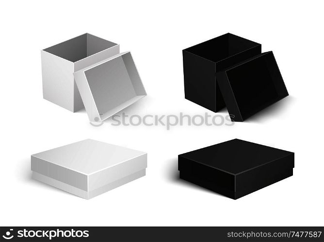 Cardboard boxes made of carton material, small container for products storage and transportation. Icons of square shape and flat top packaging vector. Cardboard Carton Container Isolated Icon Vector