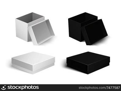 Cardboard boxes made of carton material, small container for products storage and transportation. Icons of square shape and flat top packaging vector. Cardboard Carton Container Isolated Icon Vector