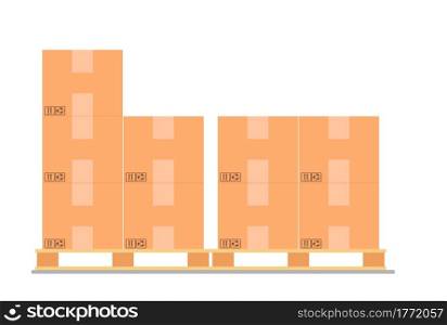 Cardboard boxes on a wood pallet. Different Boxes on warehouse stack front view. Boxes on wooden pallet vector illustration. Packaging cargo. Delivery service. Carton delivery packaging box. Cardboard boxes on a wood pallet.