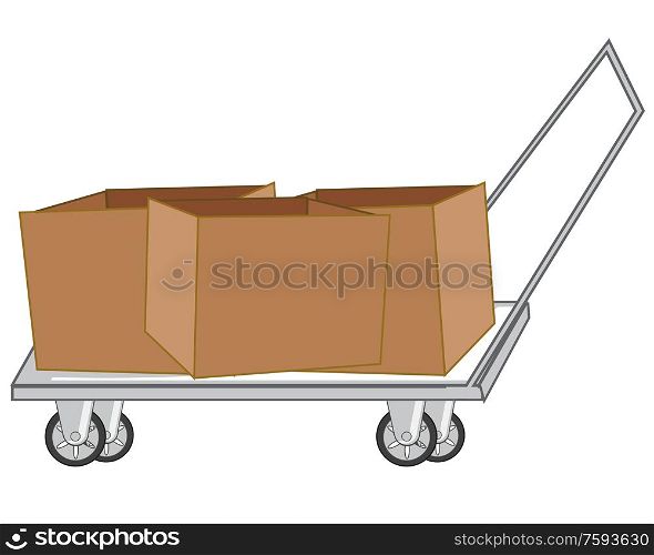 Cardboard boxes on pushcart on white background is insulated. Vector illustration empty cardboard box on pushcart