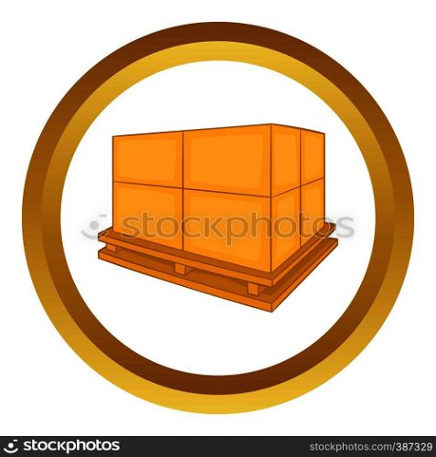 Cardboard boxes on wooden palette vector icon in golden circle, cartoon style isolated on white background. Cardboard boxes on wooden palette vector icon