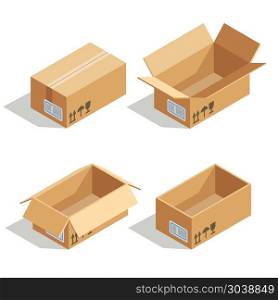 Cardboard boxes opened and closed. 3D isometric vector icons for. Cardboard boxes opened and closed. 3D isometric vector icons for warehouse and transportation, vector illustration