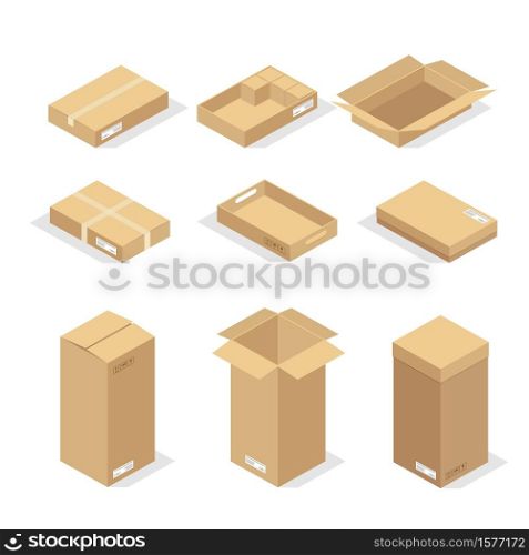 Cardboard boxes or packaging paper and shipping box. carton parcels and delivery packages pile, flat warehouse goods and cargo transportation. vector illustration.