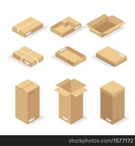 Cardboard boxes or packaging paper and shipping box. carton parcels and delivery packages pile, flat warehouse goods and cargo transportation. vector illustration.