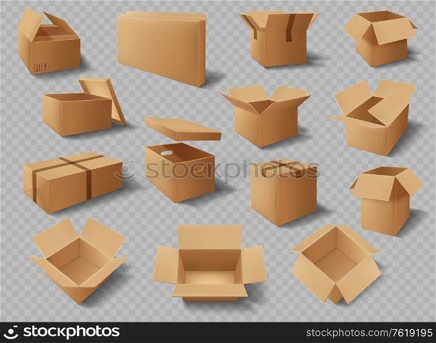 Cardboard boxes, packages and delivery carton cargo packs, vector realistic mockups. Brown cardboard boxes open and closed with adhesive tape, square rectangular storage and delivery shipping packs. Cardboard boxes, packages, delivery carton packs