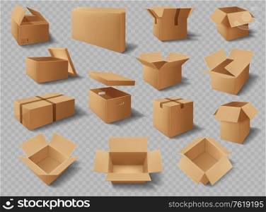 Cardboard boxes, packages and delivery carton cargo packs, vector realistic mockups. Brown cardboard boxes open and closed with adhesive tape, square rectangular storage and delivery shipping packs. Cardboard boxes, packages, delivery carton packs