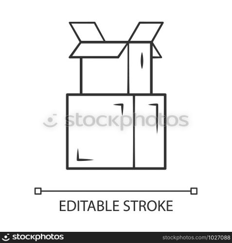 Cardboard boxes pile linear icon. Parcel packing. Empty open carton boxes for wrapping order. Goods storage crates stack. Thin line illustration. Vector isolated outline drawing. Editable stroke