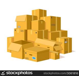 Cardboard boxes pile. Storage delivery cardboard boxes stack, pile of postal parcel package, carton sealed boxes vector illustration. Open and closed parcel with adhesive tape for shipping, relocation. Cardboard boxes pile. Storage delivery cardboard boxes stack, pile of postal parcel package, carton sealed boxes vector illustration