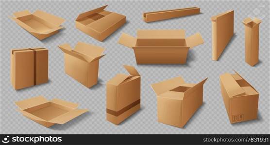 Cardboard boxes, realistic vector mockup of delivery packages. Isolated brown carton or paper cargo shipping parcels, open and closed packs, warehouse storage crates and containers 3d design. Cardboard box realistic mockups, delivery packages