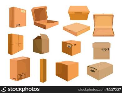 Cardboard boxes set. Collection for food delivery and furniture packaging. Can be used for topics like moving, delivery, distribution storage