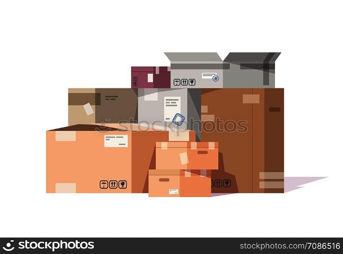 Cardboard boxes stack. Carton parcels and delivery packages pile, flat warehouse goods and cargo transportation. Vector isolated sealed boxes on white background. Cardboard boxes stack. Carton parcels and delivery packages pile, flat warehouse goods and cargo transportation. Vector isolated boxes