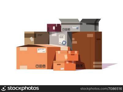Cardboard boxes stack. Carton parcels and delivery packages pile, flat warehouse goods and cargo transportation. Vector isolated sealed boxes on white background. Cardboard boxes stack. Carton parcels and delivery packages pile, flat warehouse goods and cargo transportation. Vector isolated boxes