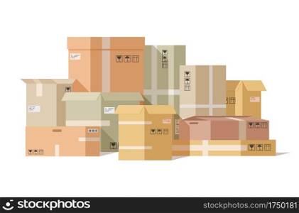 Cardboard boxes stacked. Carton box, pile fragile parcels. Warehouse shipping cargo packaging. Delivery paper package vector illustration. Carton box pack, shipping cardboard, cargo delivery packaging. Cardboard boxes stacked. Carton box, pile fragile parcels. Warehouse shipping cargo packaging. Delivery paper package vector illustration