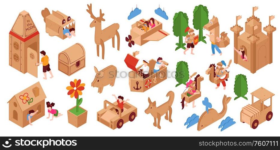 Cardboard creative building kits toys for children playroom activities isometric set with castle dragon flower pig vector illustration