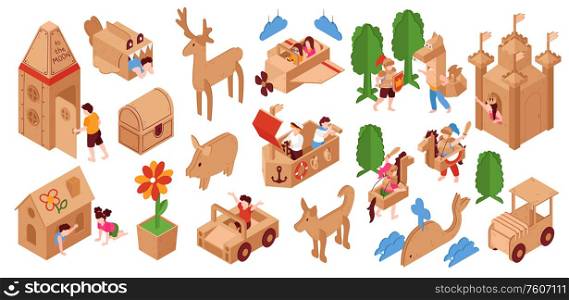 Cardboard creative building kits toys for children playroom activities isometric set with castle dragon flower pig vector illustration