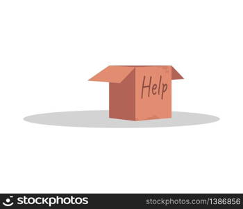 Cardboard for donation semi flat RGB color vector illustration. Poverty help. Charity container to collect money offering. Box of homeless isolated cartoon object on white background. Cardboard for donation semi flat RGB color vector illustration
