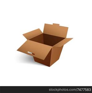Cardboard icon mockup of carton box for transportation fragile products. Packing for logistic, distribution of goods vector isolated sign of storage container. Cardboard Icon Mockup of Carton Box 3D Isometric