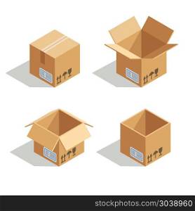 Cardboard open box. Cardboard open box. Empty container package for delivery and storage, vector illustration