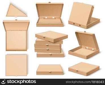 Cardboard pizza box. Realistic craft paper food packing template, open, closed, different viewing angles, single objects, stacks. Delivery craft square packaging vector set. Cardboard pizza box. Realistic craft paper food packing template, open, closed, different viewing angles, single objects, stacks vector set