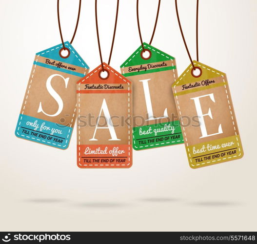 Cardboard price tags sale labels design concept vector illustration