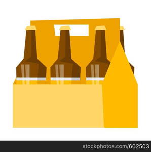 Cardboard six-pack with bottles of beer vector cartoon illustration isolated on white background.. Six-pack with bottles of beer vector cartoon.