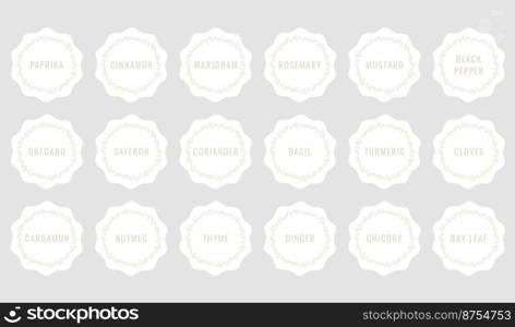 Cardboard stickers or labels for jars of spices and herbs. Can be used to label kitchen food containers.Labels, stickers, craft decals, floral frame and spice name in English.Vector illustration