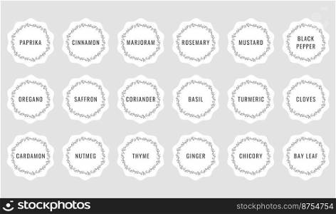 Cardboard stickers or labels for jars of spices and herbs. Can be used to label kitchen food containers.Labels, stickers, craft decals, floral frame and spice name in English.Vector illustration