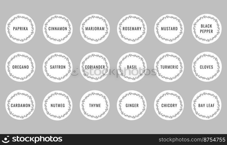 Cardboard stickers or labels for jars of spices and herbs. Can be used to label kitchen food containers.Labels, stickers, craft decals, floral frame and spice name in English.Vector illustration