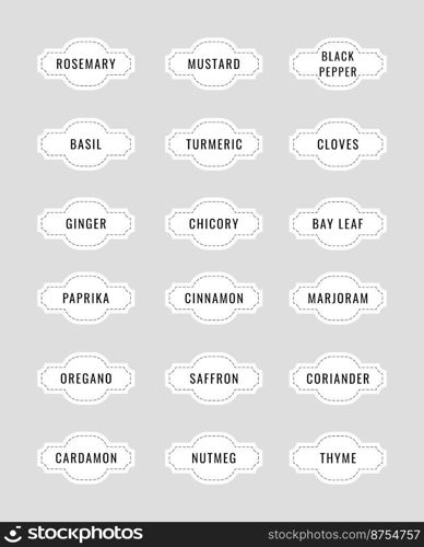 Cardboard stickers or labels for jars of spices and herbs. Can be used to label kitchen food containers.Labels, stickers, craft decals, floral frame and spice name in English.Vector illustration