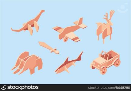 Cardboard toys. Boxes for kids pleasure funny home games toy packaging containers garish vector isometric illustrations. Plane and car from cardboard, toy vehicle for child. Cardboard toys. Boxes for kids pleasure funny home games toy packaging containers garish vector isometric illustrations