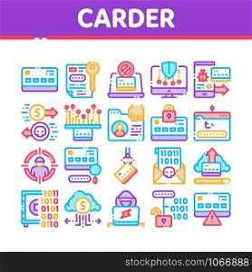 Carder Hacker Collection Elements Icons Set Vector Thin Line. Carder Silhouette And Smartphone, Bug And Fraud Virus, Laptop And Card Concept Linear Pictograms. Color Contour Illustrations. Carder Hacker Collection Elements Icons Set Vector