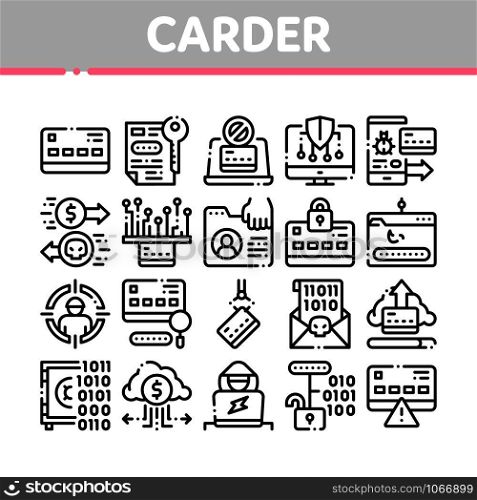 Carder Hacker Collection Elements Icons Set Vector Thin Line. Carder Silhouette And Smartphone, Bug And Fraud Virus, Laptop And Card Concept Linear Pictograms. Monochrome Contour Illustrations. Carder Hacker Collection Elements Icons Set Vector