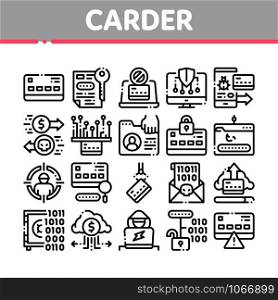 Carder Hacker Collection Elements Icons Set Vector Thin Line. Carder Silhouette And Smartphone, Bug And Fraud Virus, Laptop And Card Concept Linear Pictograms. Monochrome Contour Illustrations. Carder Hacker Collection Elements Icons Set Vector